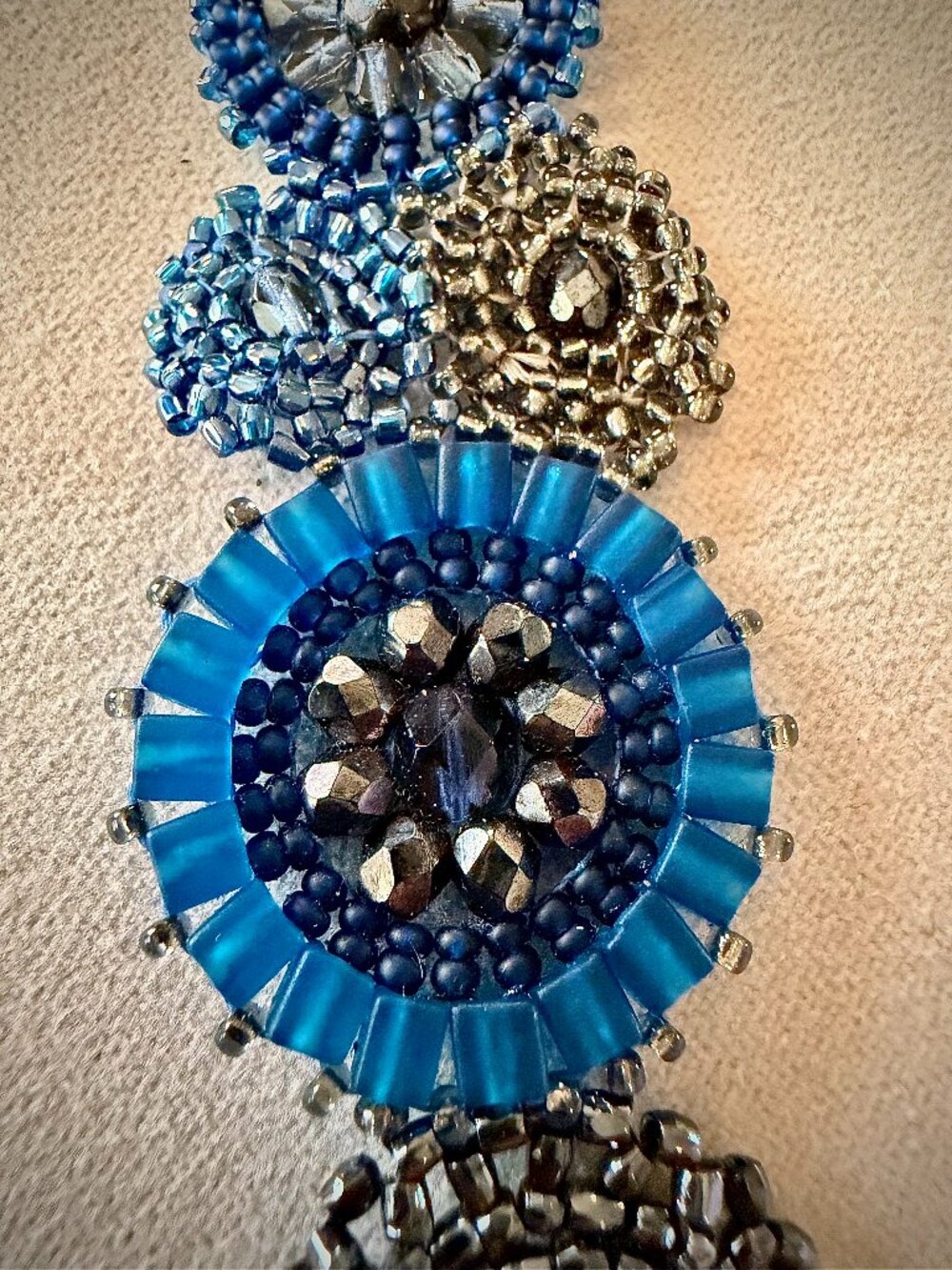 Artisan Handmade Beaded Bracelet Blue Gunmetal Crystal Medallion Statement